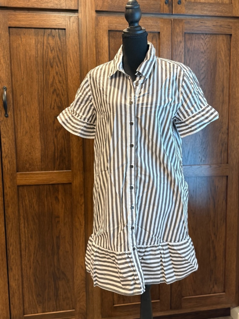 LOFT Brown and White Striped Button-Front Dress